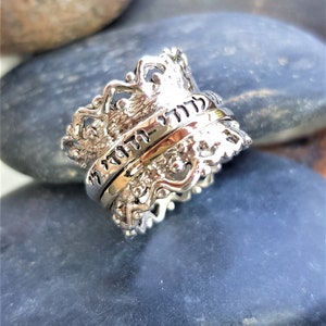 I Am My Beloved Spinner Ring, 9K Gold & Silver Ring, Hebrew Wedding Ring, Jewish Wedding Band, Statement Ring, Wide Band Ring, Israeli Ring