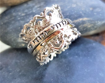 Hebrew Wedding Spinner Ring: 9K Gold & Sterling Silver Wide Band