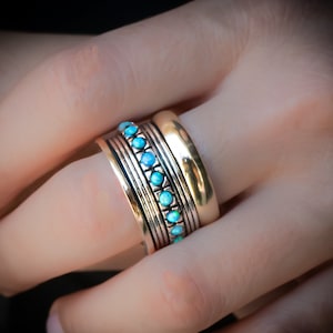 Opal Spinner Ring: 9K Gold & Sterling Silver Wide Band