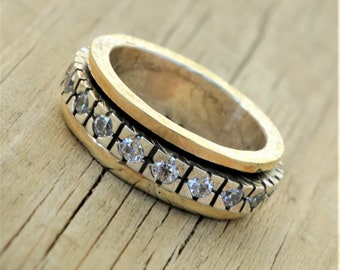 Handmade Zircon Spinner Ring: 9K Gold & Sterling Silver Boho Ring