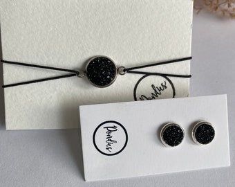 THE black druzy SET! Ohrstecker, Steine 8mm groß, passendes Armband, Armband 12mm Stein