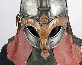 Old Viking helmet, with attached leather face protection red/black