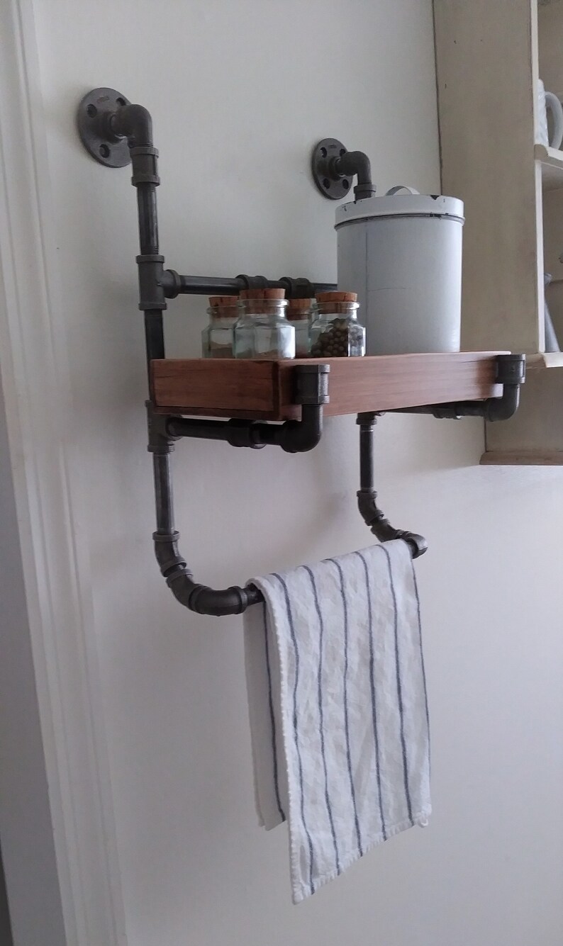 Industrial Kitchen shelf with towel bar. Black iron pipe and Etsy