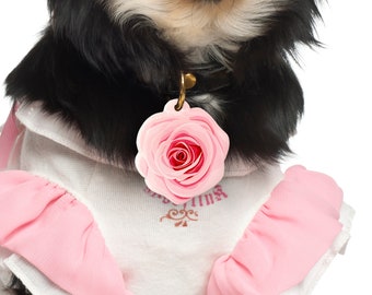 May include: A small black and white chihuahua wearing a pink dress and a gold chain with a pink rose charm.