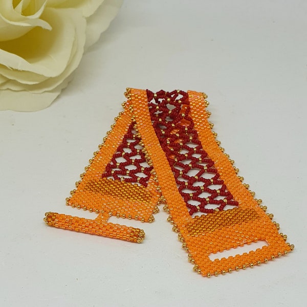 Bracelet manchette en perles de rocailles Miuyki , bracelet   large poignet  perles orange et rouge