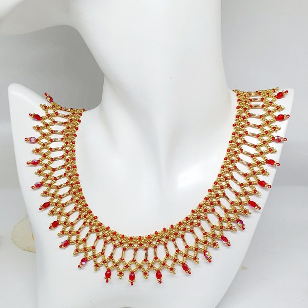 Collier plastron rocaille, collier rouge et doré, collier tissé main rouge et or