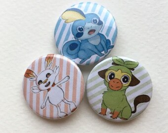 Pokemon sword and shield starter badges - Grookey, Scorbunny, Sobble