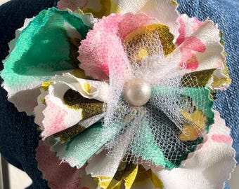 Colorful Handmade Flower Brooch- Pink, Green, White with Faux Pearl