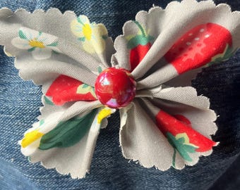 Handmade Strawberry Fabric Butterfly Brooch with Beaded Accent