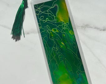 Artistic Handcrafted Bookmark: Green and Gold with Original Artwork with Metallic Doodle