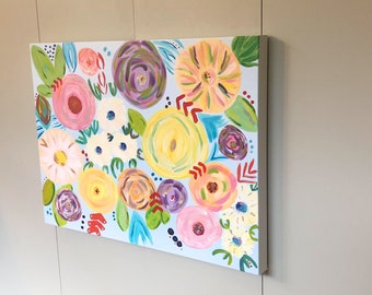 Bright Acrylic Original Painting on Canvas 18 x 24, Boho Eclectic, Floral, Fun Colors