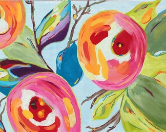 Floral Acrylic Painting on Canvas: Bright Colorful Home Decor