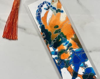 Artistic Handcrafted Bookmark: Orange, Blue, White with Metallic Silver and Orange Tassel