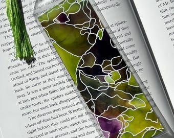 Hand-Painted Alcohol Ink Bookmark with Green and Purple: Abstract Art Gift for Bookworms