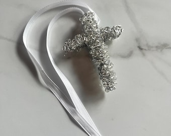 Beaded Car Cross: Clear & Silver, Handmade Religious Accessory