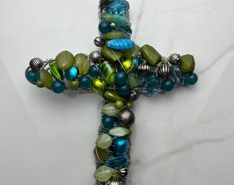 Handmade Beaded Cross: Blue, Green & Silver Vintage Bead Art