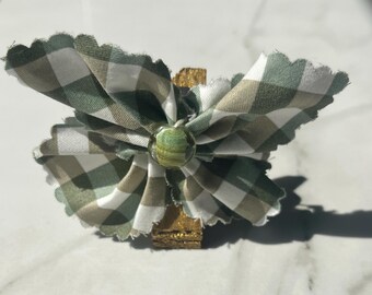 Handmade Gingham Butterfly Brooch: Beaded Accent, Olive Green Pin