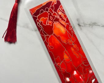 Artistic Handcrafted Bookmark: Red, Orange, White with Metallic Gold, and Red Tassel