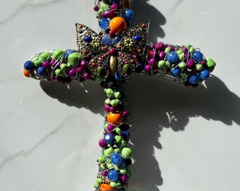 Beaded, Decorative Cross, Handmade, Original Art, Wall Art, Home Decor, Vintage Beads, green, gold
