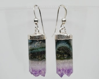 Pendientes colgantes de amatista chapadas en plata, dos estilos, pendientes de rodaja de amatista rectángulo, pendientes cilíndricos de rebanada de amatista