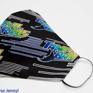 May include: Black face mask featuring the words "Devil Rays" and "Tampa Bay" in blue, green, and yellow. The mask has a black background with white horizontal lines and a stylized ray graphic. Includes elastic ear loops.