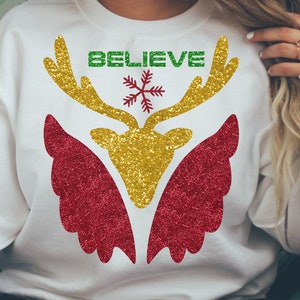 Believe Christmas Sweatshirt, Christmas Sweatshirt, Believe Sweatshirt, Holiday Gift, Reindeer Sweatshirt, Women&#39;s Sweatshirt, Gift For Her
