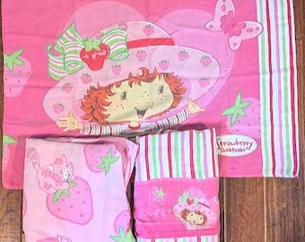 Vintage Strawberry Shortcake Twin Bedding Set Fitted Sheet Flat Sheet Pillowcase