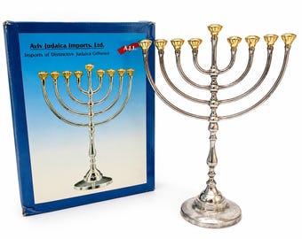 Vintage Oriental Kulturelle Versilbert Messing Chanukka Menorah mit Kerzen