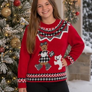 Vintage Teddybär-Weihnachtspullover mit Scottie-Hund, Mädchengröße XL, hergestellt in den USA