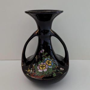Vintage Tashiro Shoten Black Enameled Moriage Double Handle Floral Vase