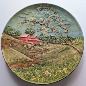 Vintage Byron Molds Ceramic Spring Landscape Wall Plate Handpainted 1970s