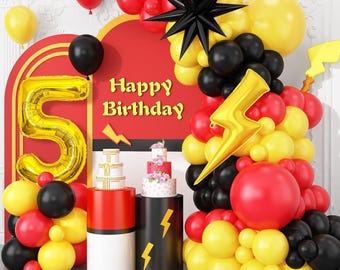 5th Birthday Red Black Yellow Balloons Arch Kit Cartoon Birthday Balloon Garland with Number 5 Balloon Lightning Star Balloons