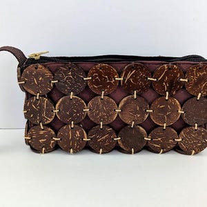Vintage Handcrafted Natural Coconut Shell Zippered Clutch Bag Purse