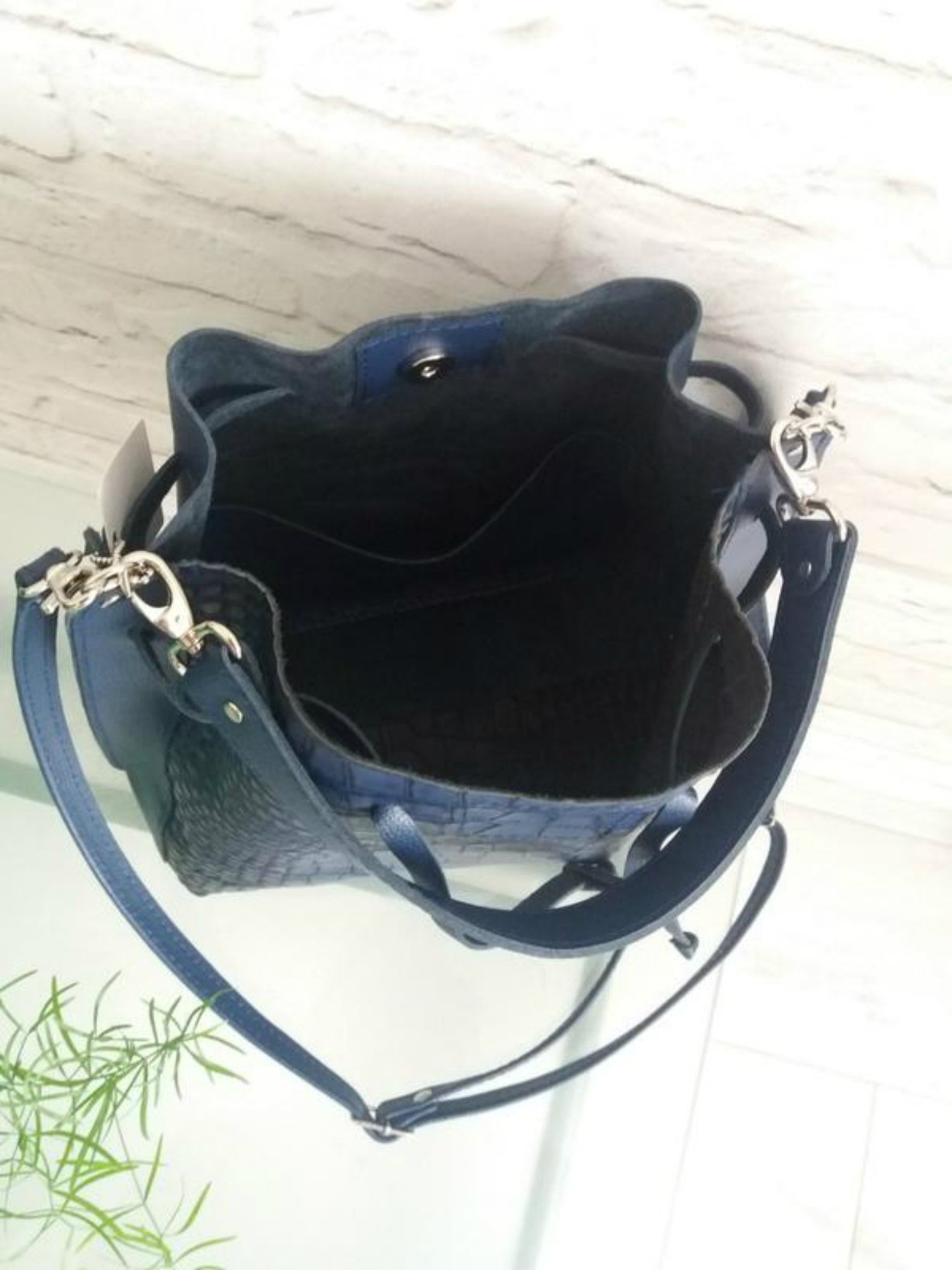 Big Dark Blue Leather Bucket Bag Leather Reptilian Bucket Etsy