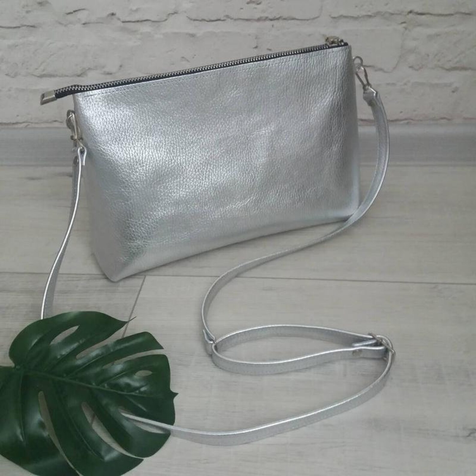 Leather Shoulder Bag Silver Leather Crossbody Bag Handmade Etsy