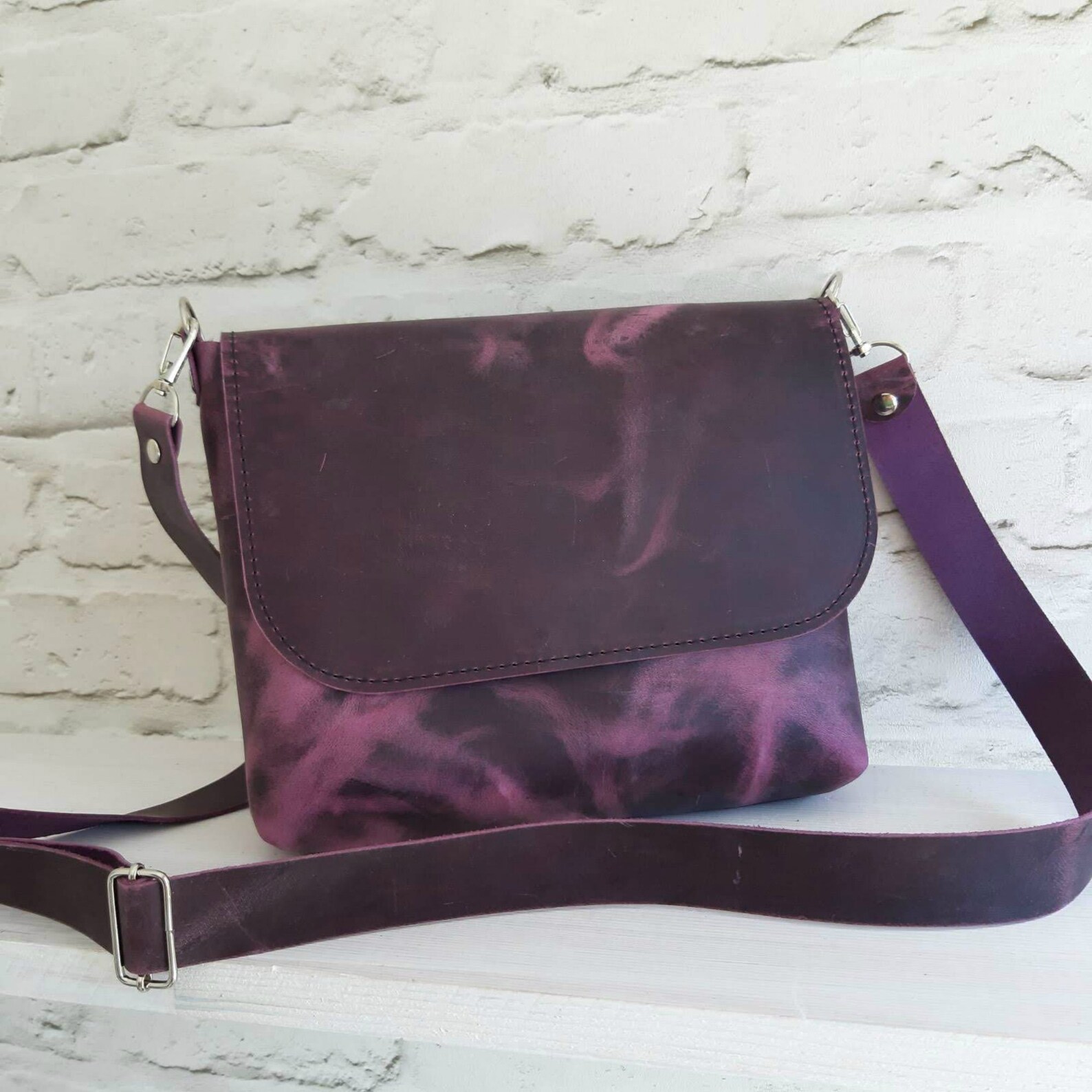 Violet Leather Crossbody Bag Handmade Purple Leather Crossbody Etsy