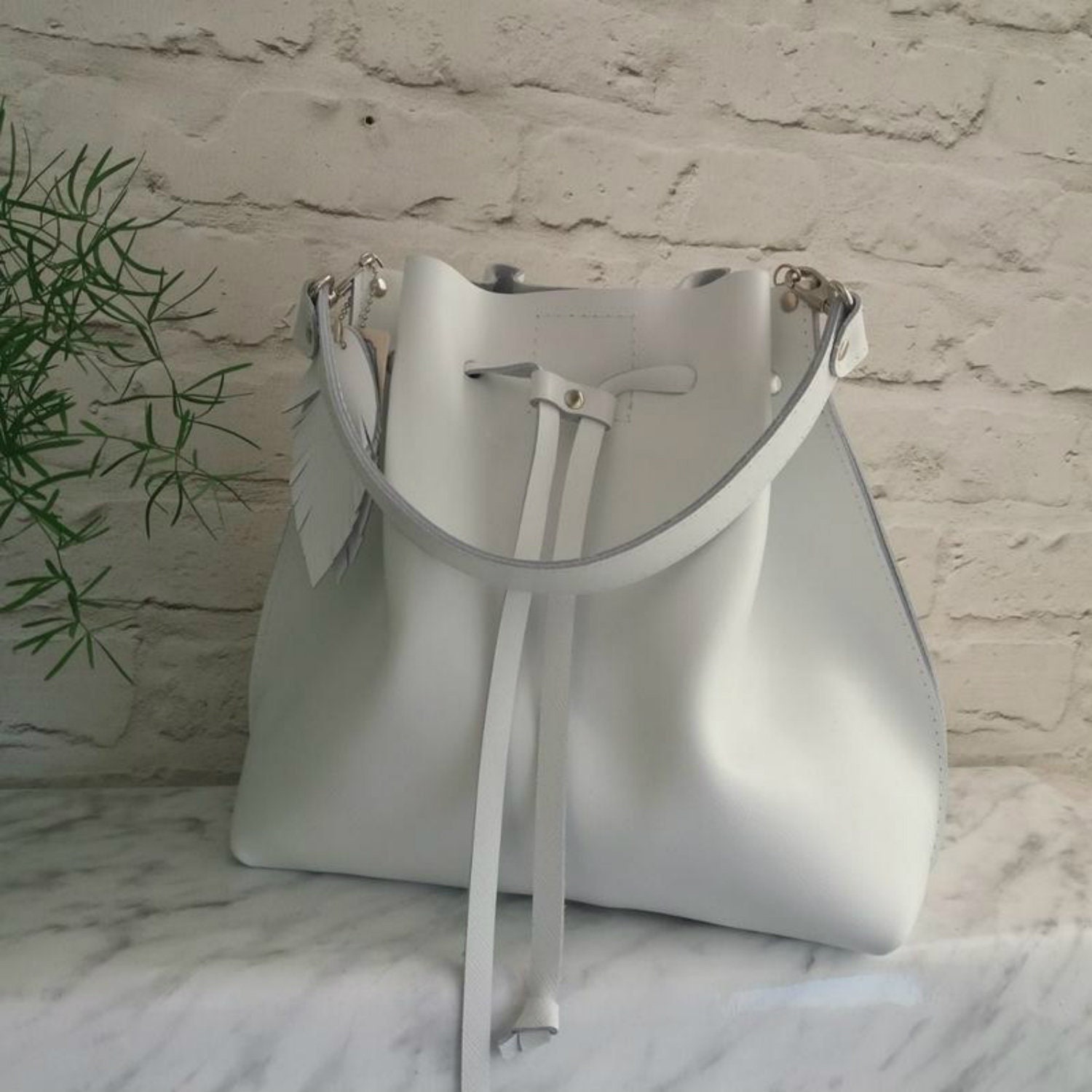 Big White Leather Bucket Bag Drawstring Bag Leather Crossbody Etsy