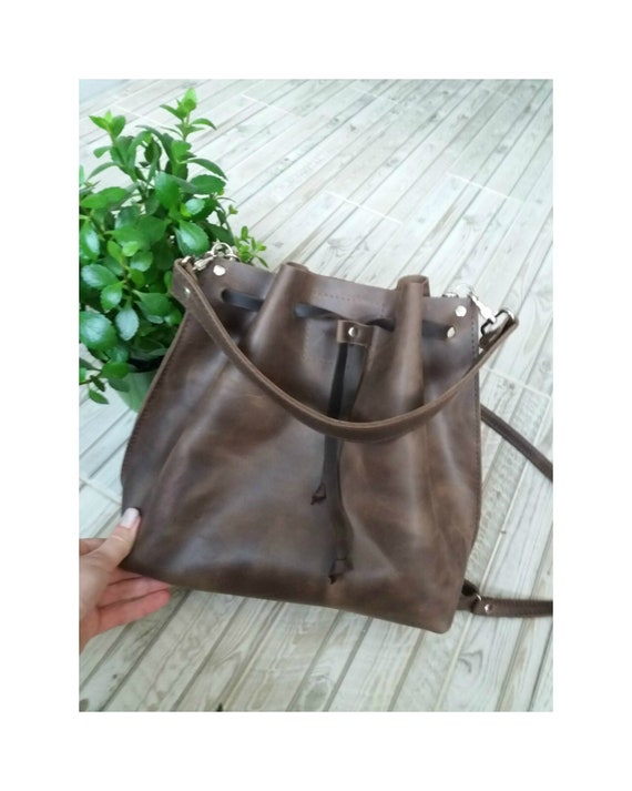 Big Brown Leather Bucket Bag Medium Chocolate Leather Bucket | Etsy