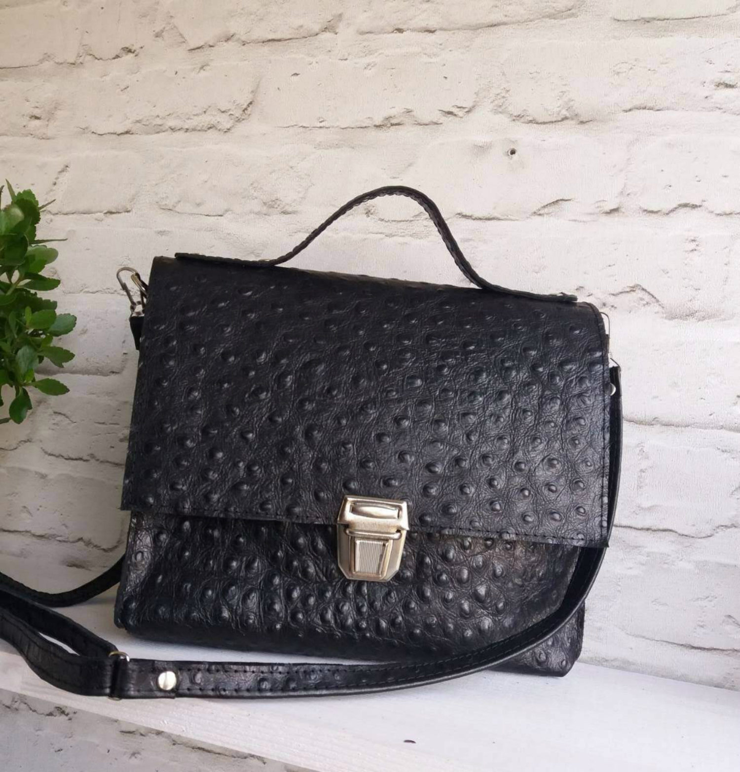 Ostrich Leather Crossbody Bag Handmade Black Messenger Medium Etsy