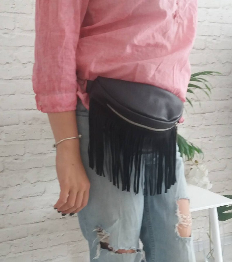 Leather Fanny Pack Fringe Black Leather Hip Bag Women Leather Etsy