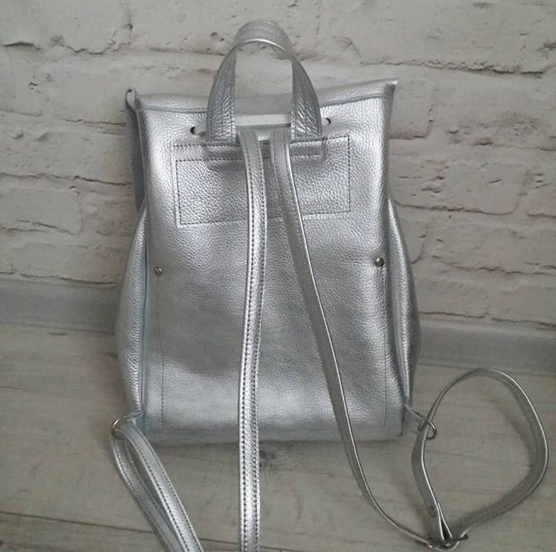 Leather Backpack Women Backpack Silver Leather Women Backpack Etsy