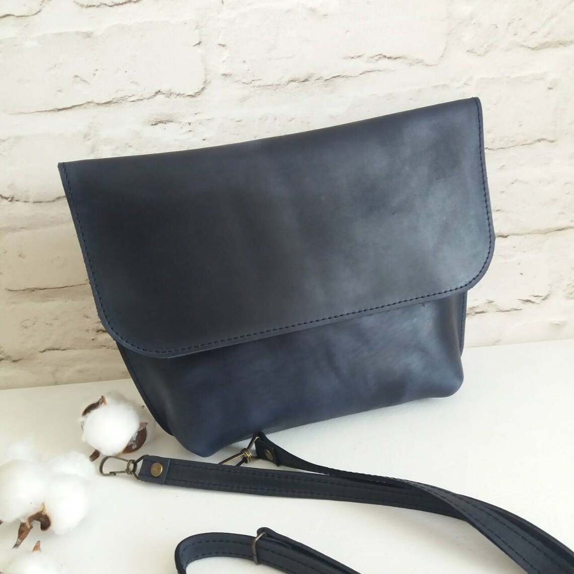 Leather Shoulder Bag Blue Leather Crossbody Bag Medium Leather Etsy