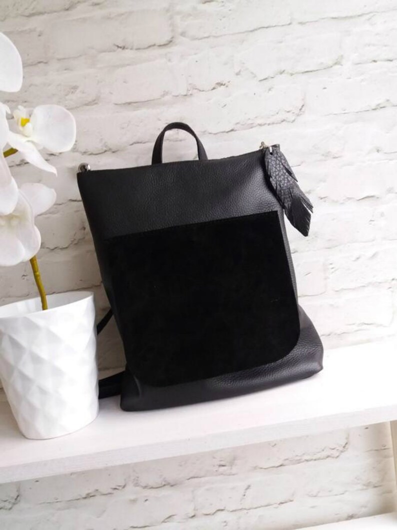 Suede Black Leather Backpack Women Laptop Leather Tote Bag Etsy