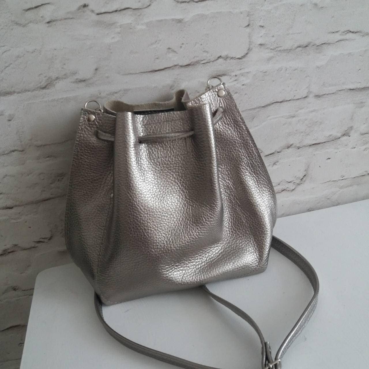 Leather Bucket Bag Leather Bucket Drawstring Bag Silver Etsy