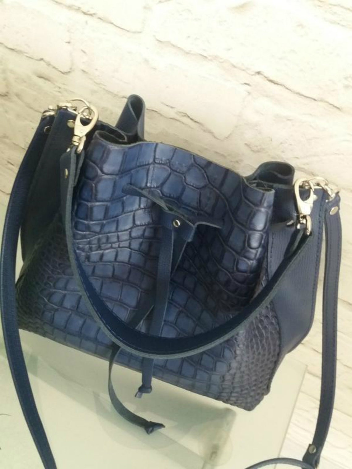 Big Dark Blue Leather Bucket Bag Leather Reptilian Bucket Etsy