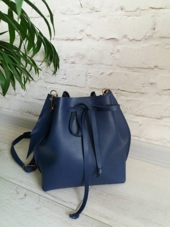 blue leather bucket bag