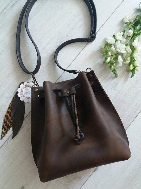 Leather Bucket Bag Leather Bucket Drawstring Bag Brown Leather | Etsy