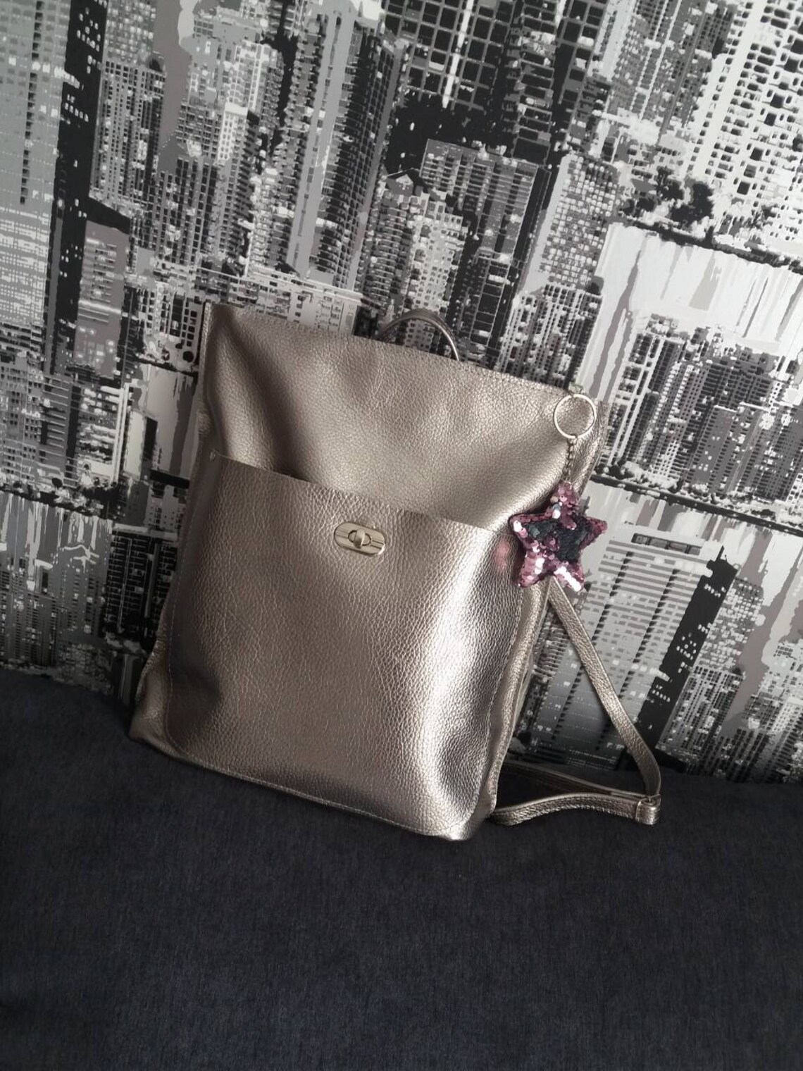 Silver Leather Backpack Women Laptop Leather Tote Bag Shoulder Etsy