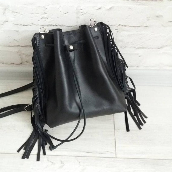 Black Fringe Leather Bucket Bag Crossbody Leather Bag Women | Etsy