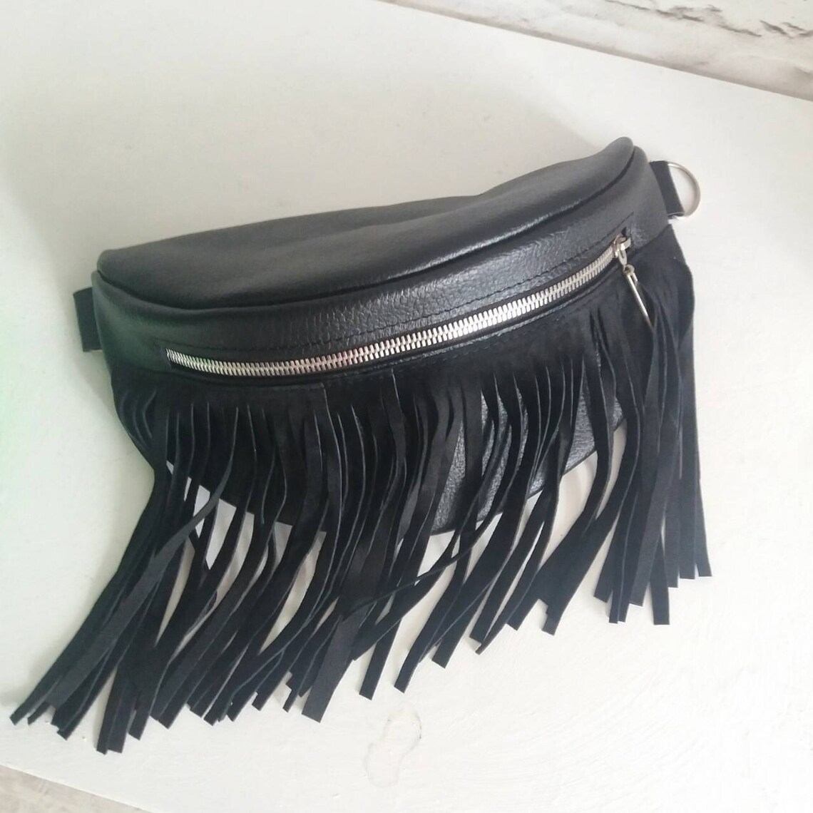 Leather Fanny Pack Fringe Black Leather Hip Bag Women Leather Etsy